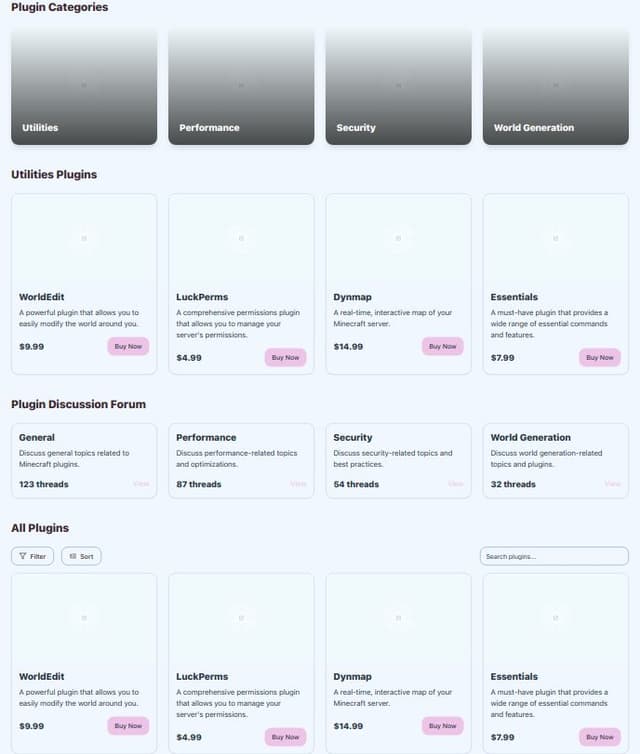 Thumbnail for prompt: A minecraft plugins ecommerce, category section, forum, plugin detail section with price, list of plugins section by categgory