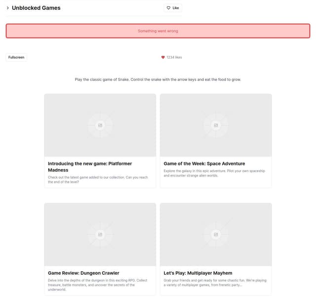Thumbnail for prompt: Make a games website game website for games unblocked at school that will basically have an iframe with the game (dont worry ,i have it myself), and underneath will have a like counter, a fullscreen button, and a description for it ( ihave it already ) and underneath has recommended