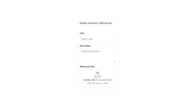 Thumbnail for prompt: Using Radix UI.
Design a card component, header is a array of pills. 
Body consists of multiple input forms.
Each form has a titile, body has a text area to paste in information and a drag to upload area for possible reference file.