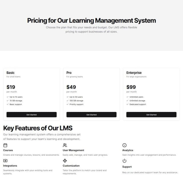 Thumbnail for prompt: a full pricing page with a pricing table for a learning management system