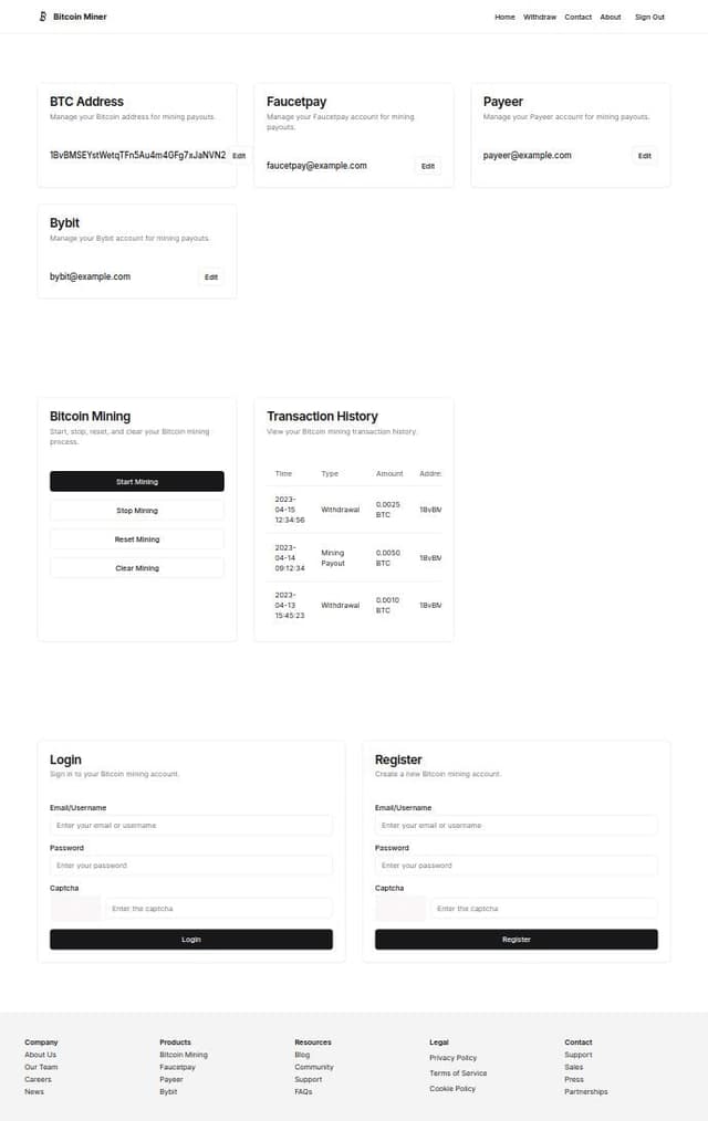 Thumbnail for prompt: How to make  website  Add full
mining
 Bitcoin program 
0.00012MH/s
Star stop reset Seve clear 
Howe withdraw contact from about  sign out 
Login register 
E-mail or username 
Password 
Hcaptcha 
Login
Full name 
Username 
E-mail 
Password 
Hcaptcha 
Light  interface 
BTC address: change 
Faucetpay:change
Payeer:change
By bit:change
To BTC address 
To faucetpay 
To payeer
To by bit
Time:
Type:
Amount:
Address:
Will be sent util