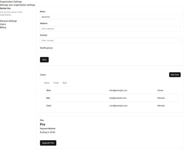 Thumbnail for prompt: a settings page to manage clerk organisations