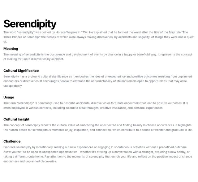 Thumbnail for prompt: Create a front-end website that displays a word a day that has the following sections: Word, Origin, Meaning, Cultural significance, usage, Cultural insight, Challenge.