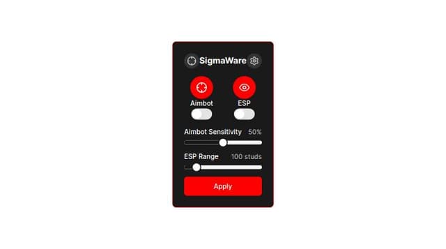 Thumbnail for prompt: A working aimbot and esp toggle GUI for Roblox exploiting I want it to say sigmaware at the top as the name and I want it to be black and red