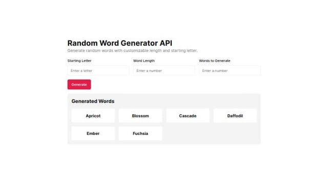 Thumbnail for prompt: Create an API configurator dashboard. This API is for generating random words. There should be an input field for the first letter of the word, the amount of letter in a word and the amount of words in a call.