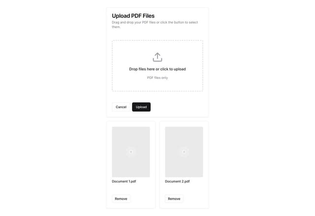 Thumbnail for prompt: make shadcn ui react dropzone, file uploader for uploading multiple pdf, show the preview of the pdf once update, 