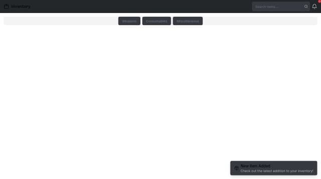 Thumbnail for prompt: Create an inventory UI for a GTA 5 roleplay server, styled like Discord. The design should include draggable item slots, a dark theme, category tabs for different item types (e.g., weapons, consumables, etc.), a search bar, and a notification system for new items or updates. The interface should be sleek and intuitive, reflecting Discord's clean layout, with icons and text that match the GTA 5 aesthetic.
