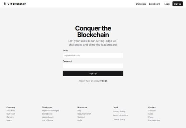 Thumbnail for prompt: Create a landing page for a CTF challenge blockchain website, it should have a header linking to the challenges and the scoreboard, as a login/signup