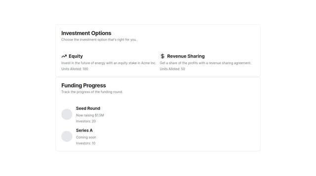 Thumbnail for prompt: Add option to invest in the startup, which also estimate the amount of units alloted, also show 
in progress bar how much money is raised till date and how many people have invested