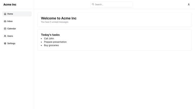 Thumbnail for prompt: A dashboard layout build with shadcn/ui. Left menu with a search bar in top and user at top right