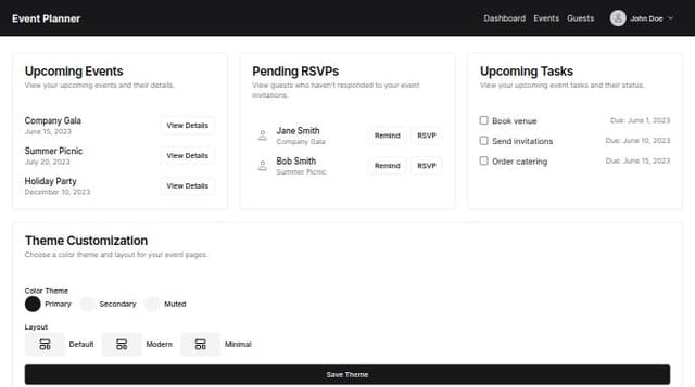 Thumbnail for prompt: 1. **Intuitive Dashboard**: The dashboard should show upcoming events, pending RSVPs, and tasks.
2. **Visual Appeal**: Ensure a clean and modern design with smooth navigation.
3. **Customizable Themes**: Users should be able to choose from different color themes and layouts for their event pages.