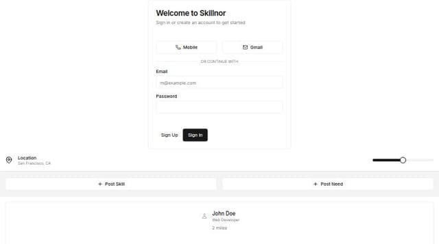 Thumbnail for prompt: *Create a responsive web app called "Skillnor" with the following features:*

1. **Login and Signup Page:**
   - Include options to log in or sign up using either a mobile number or Gmail ID.
   - Use a simple, modern form layout with appropriate input fields and buttons.
   - Ensure the form is responsive and user-friendly on both desktop and mobile devices.

2. **Home Page:**
   - Design a home page where users can select their location using a map widget and adjust the radius for nearby posts. 
   - Add a map interface at the top, with a slider below to adjust the radius from 1 to 100 miles.
   - Below the map, add two buttons: "Post Skill" and "Post Need" for users to create new posts.

3. **Posts Feed:**
   - Create a section that lists all posts within the user’s selected location and radius.
   - Display each post with a card layout showing the user’s name, 