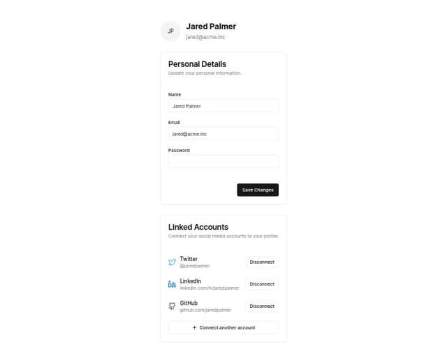 Thumbnail for prompt: an Account page where the user can update profile and link other accounts