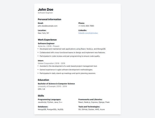 Thumbnail for prompt: A single page CV with minimal styling and a monospace font