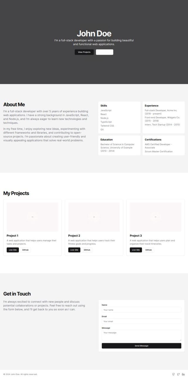 Thumbnail for prompt: Make a portfolio website in next js using tailwind css and shad cn components and responsive. 