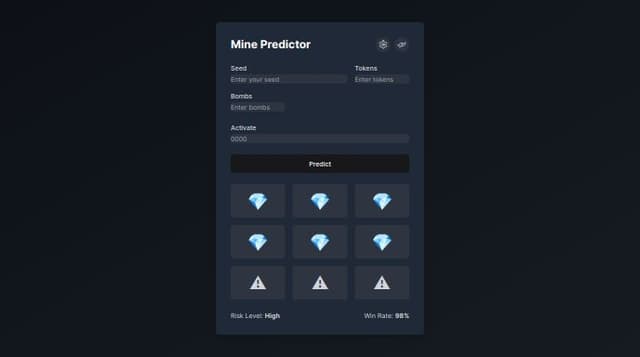 Thumbnail for prompt: its a advanced program to predict stake mines with the active client seed and amount and number of bombs on 5x5 box show 6 gem spots with gem emoji use the stake mines advanced algorithm and calculate the risk of amount and bombs predict safe spots to win 98% make the ui looks like stake.com and ask also add activate key : 0000 make it as pro level predictor 