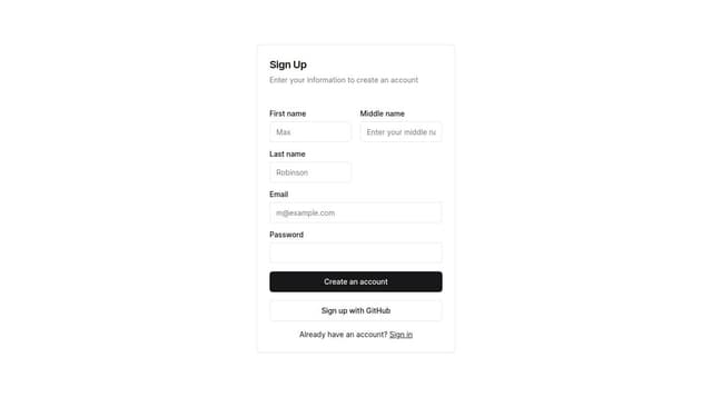 Thumbnail for prompt: Add an optional input for middle name, and make it a real form with validation