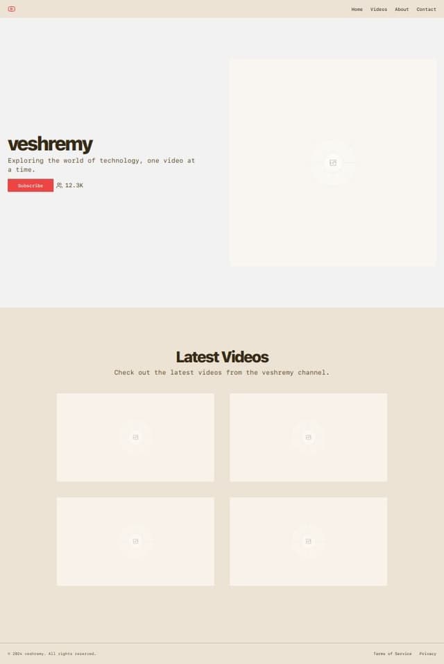 Thumbnail for prompt: Create me a landing page for the youtube veshremy, it will display his latest videos, a live sub counter, it will have clean interative transaction as you scroll down the page, i want a button that links to his youtube and lets you subscribe, as well as displaying his most recent videos