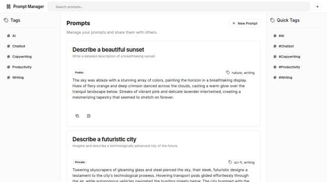 Thumbnail for prompt: Design Brief for Prompt Management Tool

Objective:
Design a user-friendly prompt management tool with the following core functionalities.

Core Features:

	1.	Register Prompts:
	•	A form to input and save new prompts.
	•	Fields: Title, Content, Tags, Public/Private setting.
	2.	Search Prompts:
	•	A search bar to quickly find prompts by title, content, or tags.
	3.	Edit Prompts:
	•	Functionality to update existing prompts.
	•	Editable fields: Title, Content, Tags, Public/Private setting.
	4.	Copy Keywords from Sidebar:
	•	A sidebar with common keywords that users can copy and paste into their prompts.
	5.	Copy Prompts to Clipboard:
	•	A button to copy the entire prompt content to the clipboard.
	6.	Public/Private Settings for Prompts:
	•	An option to set prompts as public or private.
	•	Visual indicators for the public or private status of each prompt.
	7.	Tagging Prompts:
	•	Allow users to add, edit, and search tags associated with each prompt.

Design Requirements:

	•	Intuitive User