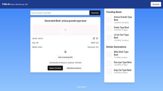 Thumbnail for prompt: Make the Trending and similar Generations on the far right side of the page - then fill the left and side of the page with Beat Editing features