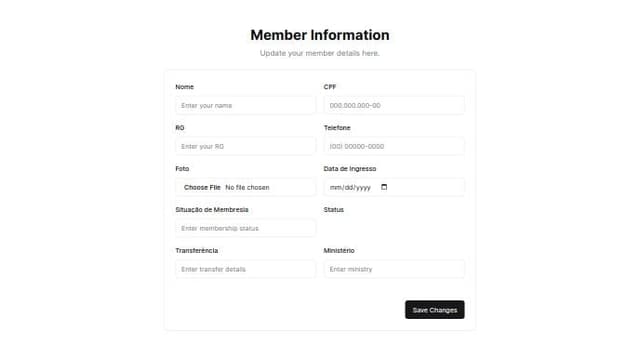 Thumbnail for prompt: create a form page with infos: nome(TEXT), cpf((TEXT, MASK: CPF), rg(TEXT), telefone(TEXT, MASK: PHONE), foto(UPLOAD), Data de ingresso(DATE), situação de membresia(TEXT), status(SELECT), transferência(TEXT), ministério(TEXT).