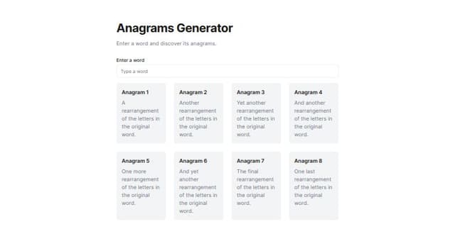 Thumbnail for prompt: make an example output for an anagrams generator