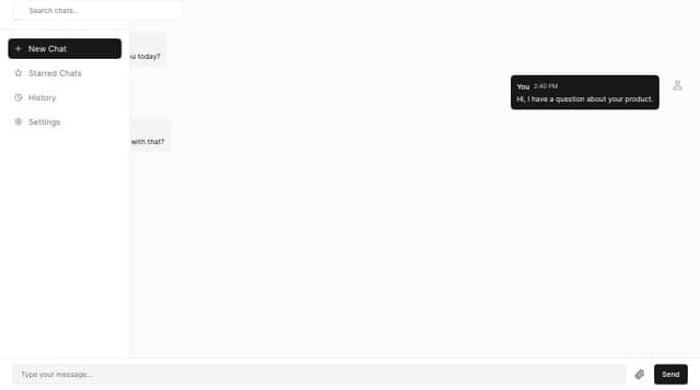 Thumbnail for prompt: Create a chatbot ui using shadcn which has the following things a collapsable sidebar with logo and options like new chat, stared chats, history, etc and also has buttons like settings and explore database the main section should contain chat options with the send, attachment, and another button which will trigger a sheet element from the right side which has options to customize the chatbot.