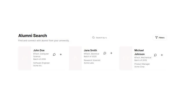 Thumbnail for prompt: make cards smaller and horizontal like search results 
Have 3 inputs
Search Name : input type text
search year : select input 
search by degree : select input ( options - btech , bsc , mtech ..)