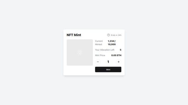 An nft mint page with a card buttons for adding and decreasing nft mint ...