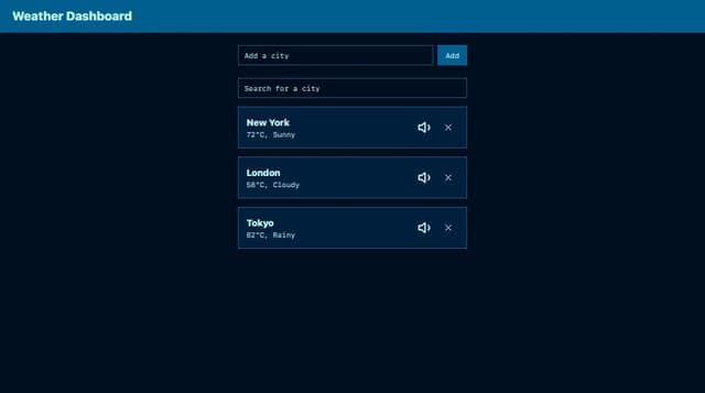 Thumbnail for prompt: Build a Weather Dashboard
Objective:
Create a simple React JS application that allows users to view the current weather for a list of cities.
Requirements:
1. City Weather Display:
• Display a list of cities with their current weather conditions.
• Each city should show its name, temperature, weather description (e.g., "Clear Sky"), and an icon representing the weather.
• Use the [OpenWeatherMap API](https://openweathermap.org/api) or another free weather API to fetch weather data.
2.  Add City:
• Provide an input field where users can enter a city name.
• When the user submits the form, fetch the weather data for the entered city using the API and add it to the list.
• Ensure that only valid city names are accepted (handle errors from the API).
3. Remove City:
• Allow users to remove cities from the list.
4. City Search and Autocomplete (Bonus):
• Implement a search bar that suggests city names as the user types (using a free API like [GeoDB Cities API](https://rapidapi.com/wirefreeth