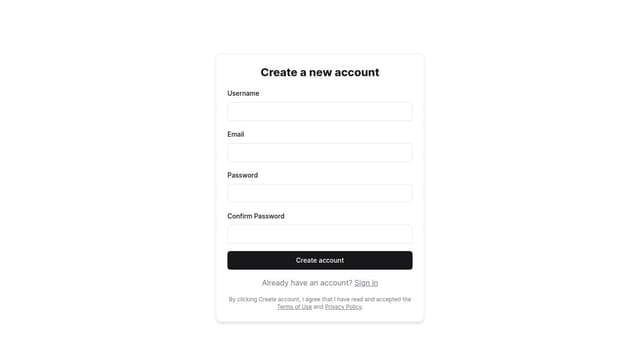 Thumbnail for prompt: Make registration form with the button "Create account" and following text:
Create a new account
Already have an account? Sign in

By clicking Create account, I agree that I have read and accepted the Terms of Use and Privacy Policy