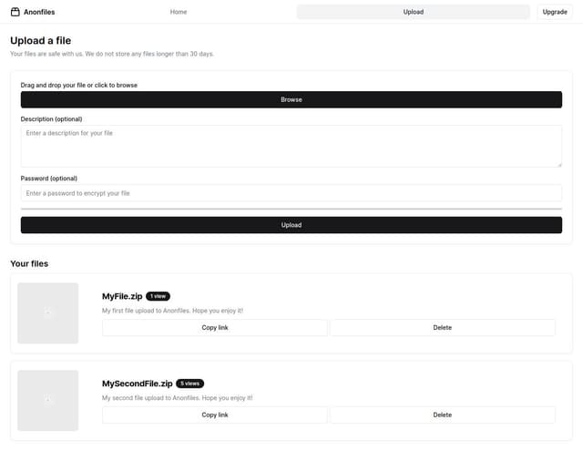 Thumbnail for prompt: anonfiles file upload dashboard