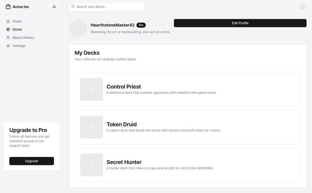 Thumbnail for prompt: A profile dashboard for a Hearthstone Deck Tracker web app that is responsive for all screens