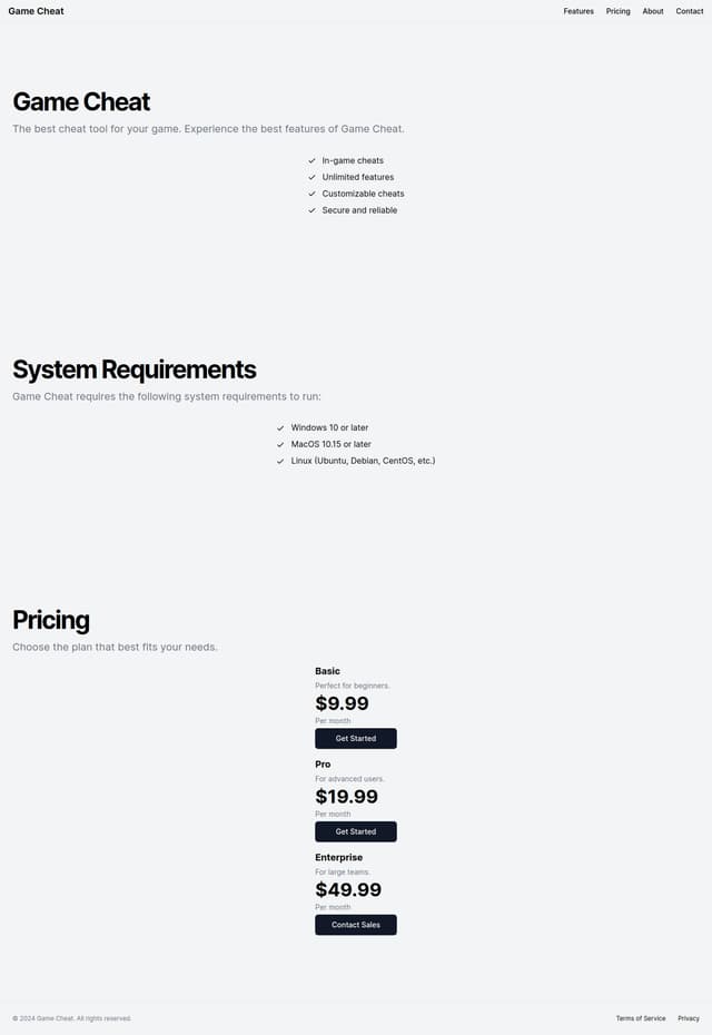 Thumbnail for prompt: a page showcasing a cheat for a game, it has a picture of the menu for the cheat with a title on the top, then going down there is a huge feature list and then the system requirements and prices for certain durations