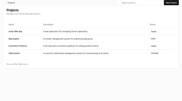 Thumbnail for prompt: A web application project managment interface for Python web apps. This screen shows the dashboard and create new app screen(s). 