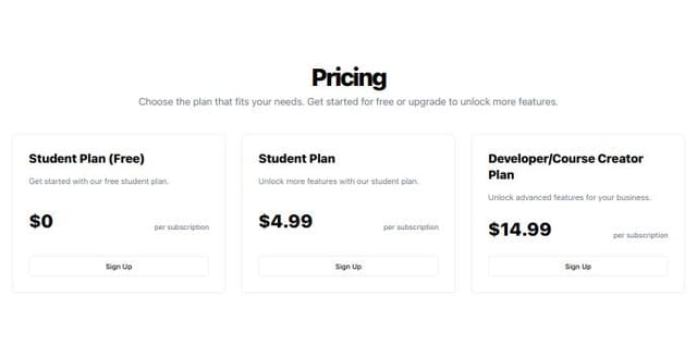 Thumbnail for prompt: a pricing pagge with three packages, two sstudents plan, first one iss free 2nd one costs 4.99$ subscription,, and a 3rd packagge foor developers/course creeators to create courses, which should be 14.99$ subscription