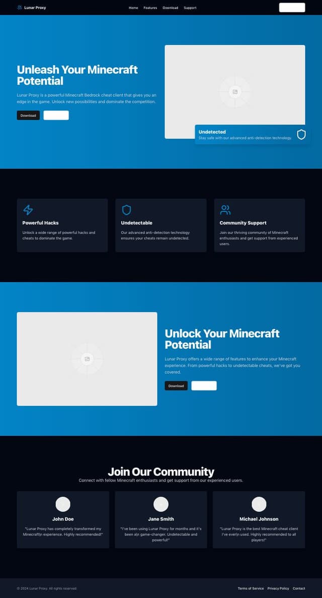 Thumbnail for prompt: Create a website for my site called lunar proxy which is a minecraft bedrock proxy-based cheat client use #0284c7 as the main color and create it somewhat dark theme with gradients, add a center navbar
