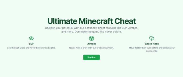 Thumbnail for prompt: Landing page for minecraft cheat, add features like esp, aimbot, etc... After that add Buy button 