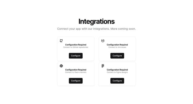 Thumbnail for prompt: An integrations page with sections for the different types of integrations. Each section has square cards with a button to configure the integration or a "Coming Soon" label.