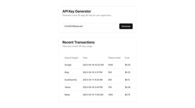 Thumbnail for prompt: Also add a place, where recent transactions can be seen, fields: "Search engine", "Time", "Tokens used" "Cost"