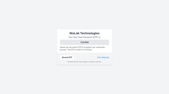 Thumbnail for prompt: create an email template for an OTP email which will be sent from NixLab Technologies with inline css