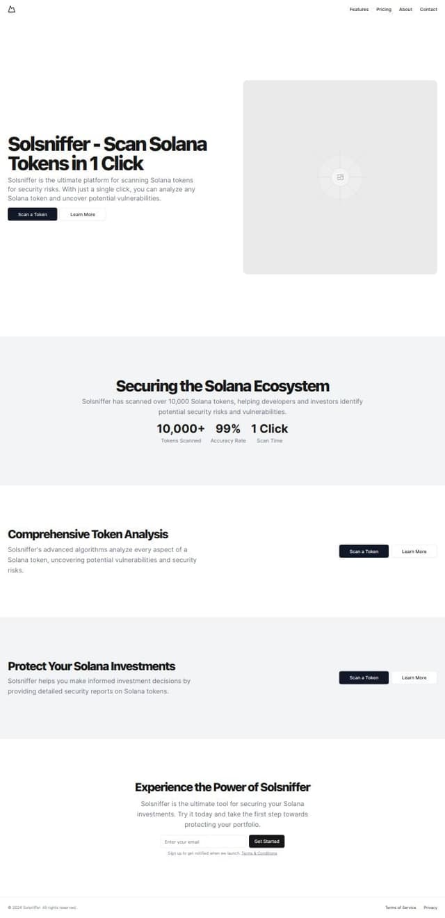 Thumbnail for prompt: I need to create a landing page for my API to showcase the features and everything that comes with it, my platform is called Solsniffer, and Scan the security risks of Solana tokens in one 1-click. ; Total token scanned.