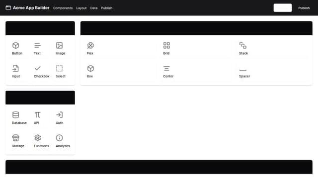 Thumbnail for prompt: Creating  UI  for a no-code development platform for iOS and Android native apps, similar to tools like Adalo or Glide, involves a comprehensive system where users can create mobile applications using a visual interface without writing code.