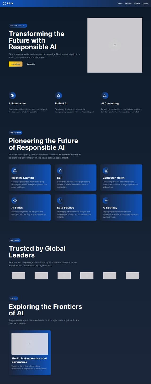 Thumbnail for prompt: Incorporate subtle gradient effects and high-quality textures to add depth and sophistication.
Use more custom illustrations or high-quality stock images that represent AI, innovation, and global business, replacing placeholder images.
Implement the Playfair Display font for headings and Roboto for body text as per our style guide.
Increase contrast between headings and body text to improve readability and hierarchy.
Add more white space between sections to improve visual flow.