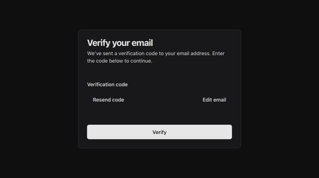 A card to enter verification code, option to resend code and edit email ...
