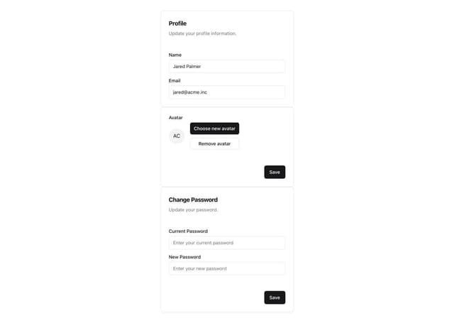 Thumbnail for prompt: user settings (with avatar image chooser) with shadcn ui