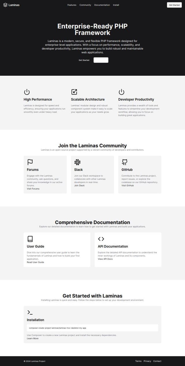 Thumbnail for prompt: New design for homepage for Laminas Project, the enterprise-ready PHP Framework and components.
A community-supported, open source continuation of Zend Framework. https://getlaminas.org/
