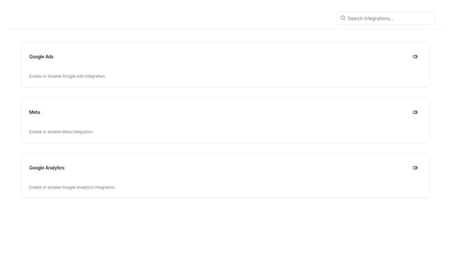 Thumbnail for prompt: List of integration (google ads, meta, google analytics) with status enable disable, search 