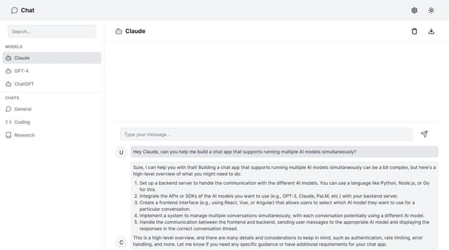 Thumbnail for prompt: A chat UI that supports running multiple AI models simultaneously 