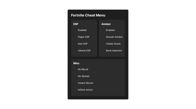 Thumbnail for prompt: make a fortnite cheat menu with ESP , AIMBOT , MISC AND MORE